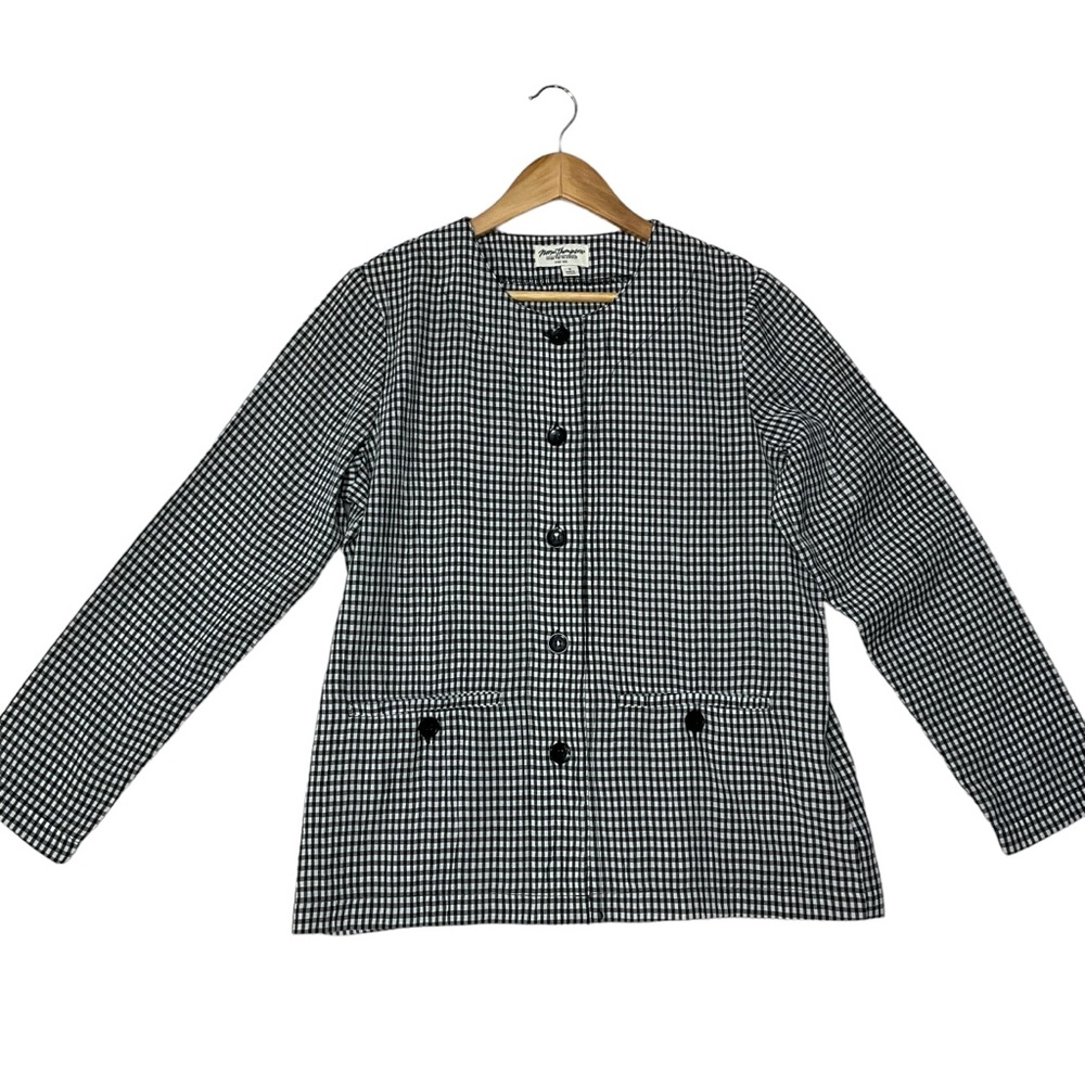 NORM THOMPSON sz Small Jacket Button Front Pockets Gingham Plaid Black White